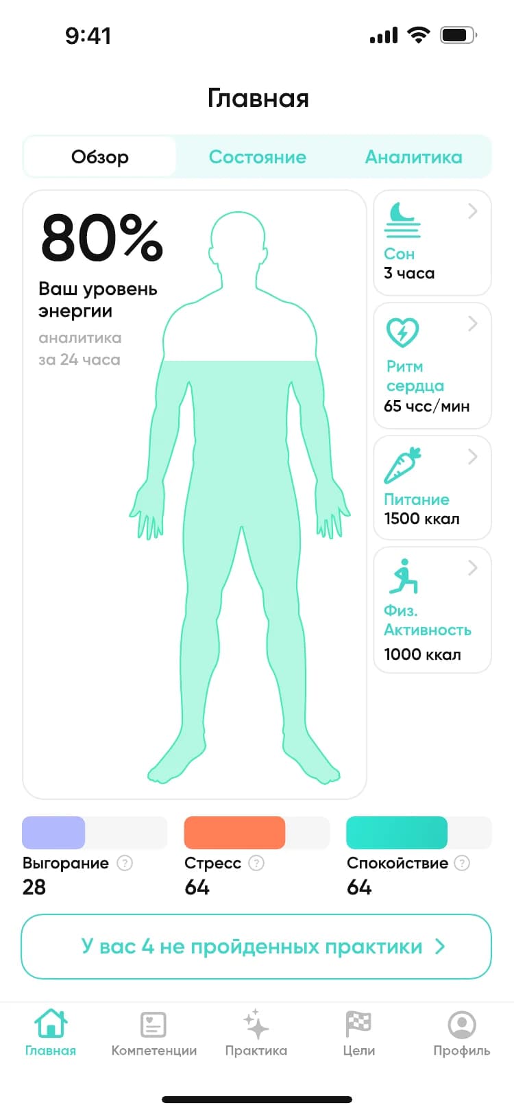 Главный экран Emo App: уровень энергии за сутки, сон, пульс, питание, активность и баланс выгорания, стресса и спокойствия